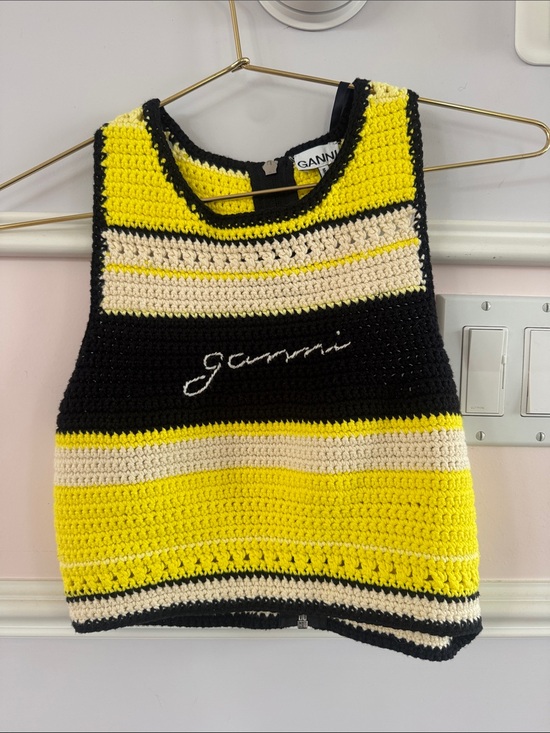 Ganni Tops - Ganni Yellow, Black & Cream Crocheted Stripe Tank